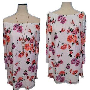 (737) Love Fire Off Shoulder  3/4 sleeve Floral Print Tunic Tops Size L
